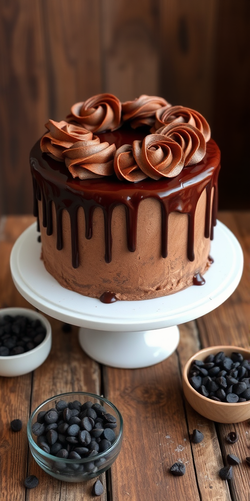 A beautifully decorated chocolate cake with rich chocolate frosting and elegant swirls on top, featuring a glossy chocolate drip cascading down the sides, displayed on a white cake stand, surrounded by small bowls of chocolate chips on a rustic wooden table.