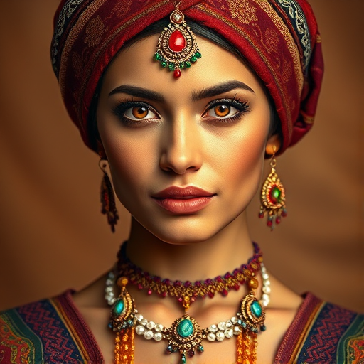 Create a portrait of a beautiful Latino woman with striking red eyes and a gentle expression. She is adorned in traditional attire with intricate patterns, including a richly embroidered headscarf and matching garments. Her jewelry includes a delicate headpiece, dangling earrings, and ornate bracelets, all featuring vibrant gemstones and detailed metalwork. The background is soft and warm, enhancing the rich colors of her outfit and jewelry.