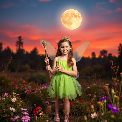 A vivid photo  taken under a bright camera flash of a fantastical scene set against a backdrop of a forest during sunset. The main subject is a girl dressed as a fairy, adorned with translucent wings and a green dress, holding a wand, her face is happy, and she wears a crown on her head. The forest behind her is a blend of flowers, shrubs and trees. The sky is painted in hues of orange and pink, with a large, glowing moon casting a warm glow over the scene. The overall color palette is dominated by earthy tones.
