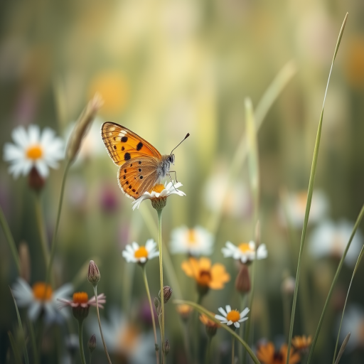 Generate an image of a butterfly perched on a delicate flower in a soft-focus grassy field. The butterfly should have vibrant orange wings with black spots, surrounded by a variety of wildflowers and grass blades gently swaying in the breeze. The background should be blurred to create a dreamy atmosphere, highlighting the butterfly and the flowers in the foreground.
