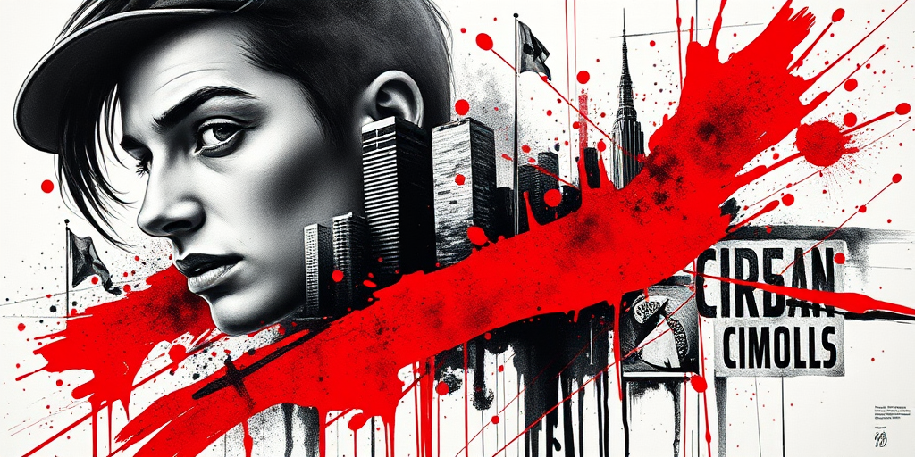 Trash polka tattoo called "Urban Chaos" combining realistic black and gray elements with abstract splashes of vibrant red ink creating a dynamic and edgy composition that juxtaposes recognizable imagery such as portraits or cityscapes with chaotic brushstrokes typography and geometric shapes for a bold and visually striking effect