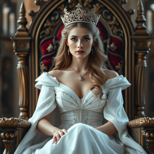 regenerate a portrait of a beautiful queen sitting on a throne, wearing a stunning white gown and a crown, with long flowing hair, soft lighting, shallow depth of field, 50mm lens, f/1.8 aperture, gentle focus on the face, soft bokeh background, high-resolution detailed rendering