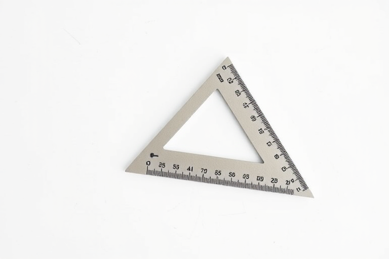 Create a high-resolution image of a protractor on a white background, using a Canon EOS R5 with a 50mm f/1.8 lens, aperture set to f/4, ISO 100, and a shutter speed of 1/125s, with a slight overhead view and soft diffused lighting to enhance details.