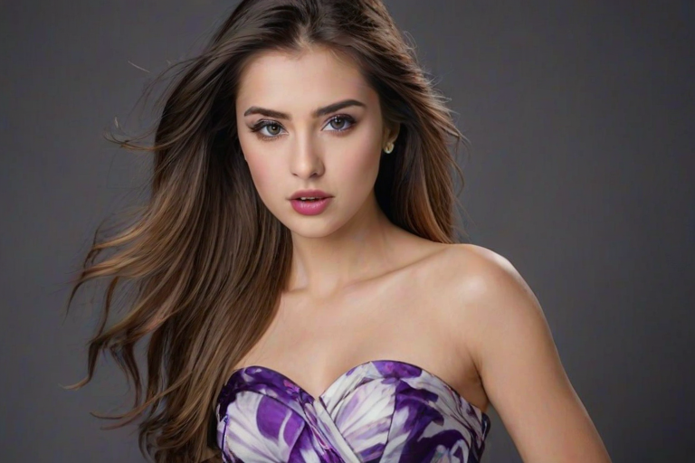 Photographic image of a beautiful young Tajik woman, green eyes, lips with white lipstick, long hair fluttering in the wind and wearing a silk strapless dress with a soft purple and orange print. monochrome image with only color highlights in the iris of the eyes, lipstick and dress. Gray background.