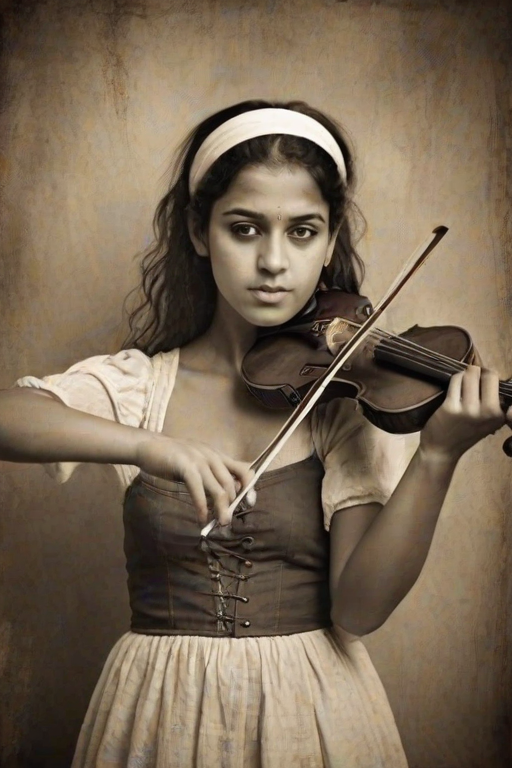 a young Romani woman with a white headband playing a violin, in the style of a charcoal drawing, sepia grunge background