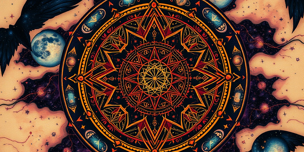 Neotraditional celestial mandala tattoo adorned with intricate constellations, swirling galaxies, and sacred geometry symbols, rendered in rich jewel tones and metallic accents for a mesmerizing three-dimensional effect