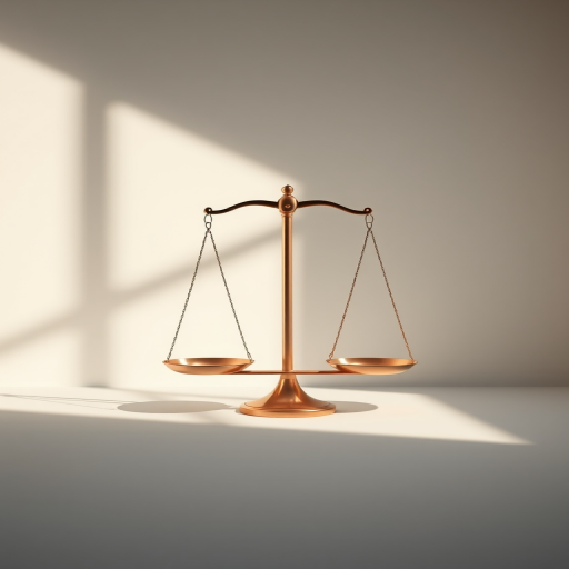 create a minimalist illustration of a balance scale with smooth lines and shadows, using a soft color palette, captured with a Canon EOS 5D Mark IV, aperture f/4, ISO 100, focal length 50mm, in a studio setting with soft diffused lighting