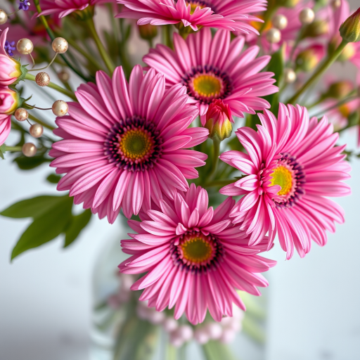 Create a vibrant close-up of a floral arrangement with pink daisies and decorative beads in a clear vase, shot with a Canon EOS R5 at f/2.8, ISO 100, 50mm lens, using soft lighting to enhance colors and details for a dreamy look.