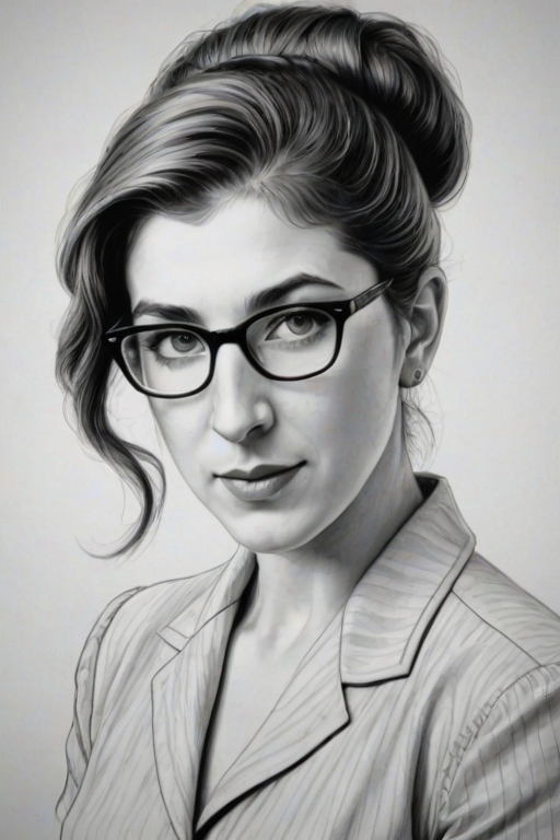 Alluring Mayim Bialik, pencil sketch, portrait of Beauteous woman 1941s in glasses, hair style beatnik, outline, clear lines, fine lines, 8k