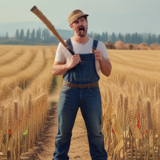 Angry Farmer with bloody baseball bat, cartoon style, standing on a ...