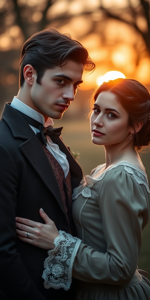 Regenerate a romantic portrait of a couple in 19th-century attire at sunset, soft natural lighting, focus on their expressions and intimate pose, aperture f/1.8, shutter speed 1/200s, ISO 100, shot with a DSLR camera in portrait orientation, shallow depth of field for a dreamy background effect.