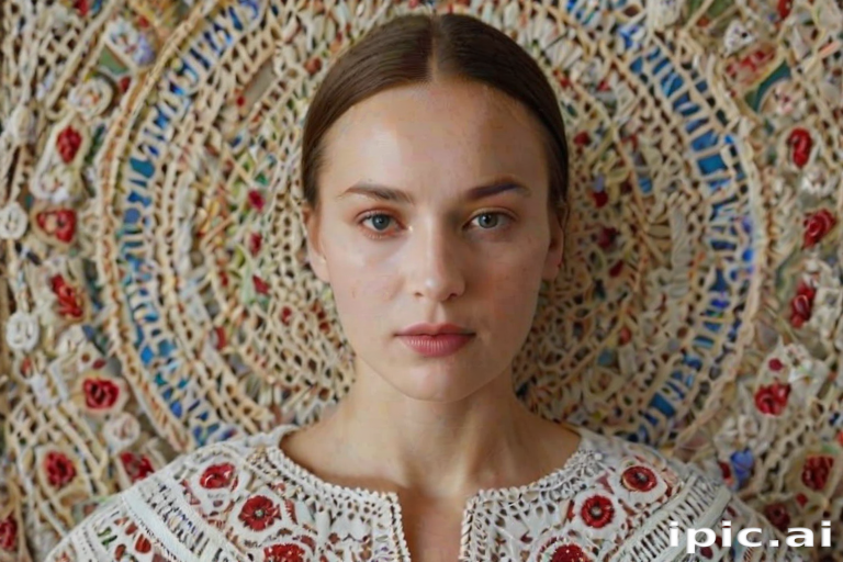 Face, shoulders, chest covered in openwork Ukrainian embroidery. Raw, unedited image.