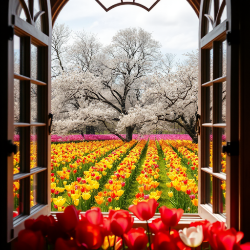 Generate a vibrant landscape view through an ornate window with cherry blossom and white blossom trees flanking a colorful tulip field, captured with a DSLR camera at f/8, ISO 100, 1/250 sec, wide-angle lens, in daylight for enhanced clarity and vivid colors.