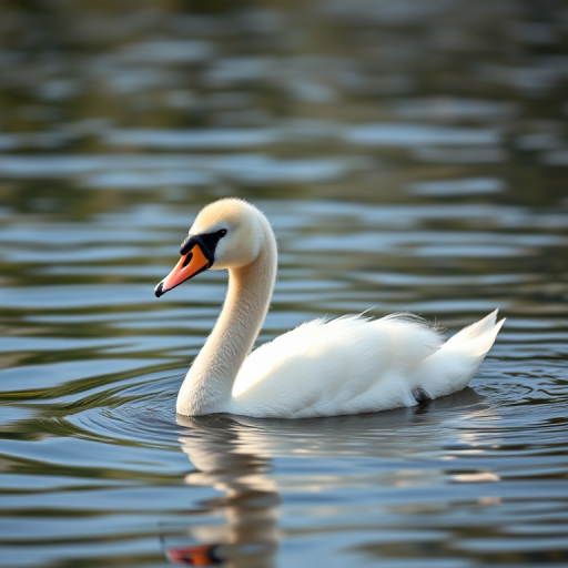 A young swan swimming in tranquil waters, captured with a Canon EOS 5D Mark IV at f/8, ISO 100, 1/250 sec, using a 70-200mm lens, in soft natural light to enhance details and colors, with a shallow depth of field to blur the background.