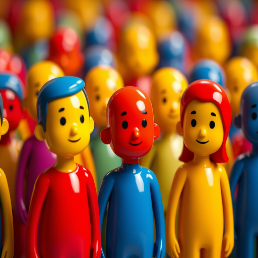 Create a vibrant image of colorful cartoon-like figures in a smooth, glossy finish, with a soft-focus background, using a Canon EOS R, 50mm f/1.8 lens, aperture f/2.8, ISO 200, and a shallow depth of field for enhanced clarity and detail.