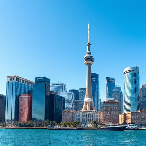 Create a high-resolution image of a city skyline with a clear blue sky, featuring modern skyscrapers and a prominent observation tower, shot with a Canon EOS R5 at f/8, ISO 100, 1/200 sec, using a wide-angle lens from a waterfront perspective to enhance the details and colors.