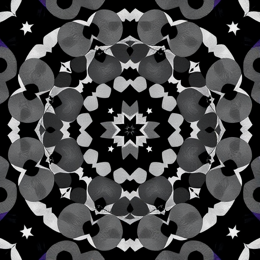 Create a high-resolution black and white pattern of overlapping circles and stars arranged in a diamond formation, using a DSLR camera with a focal length of 50mm, aperture set at f/8, ISO 100, and a top-down view for optimal clarity and detail.