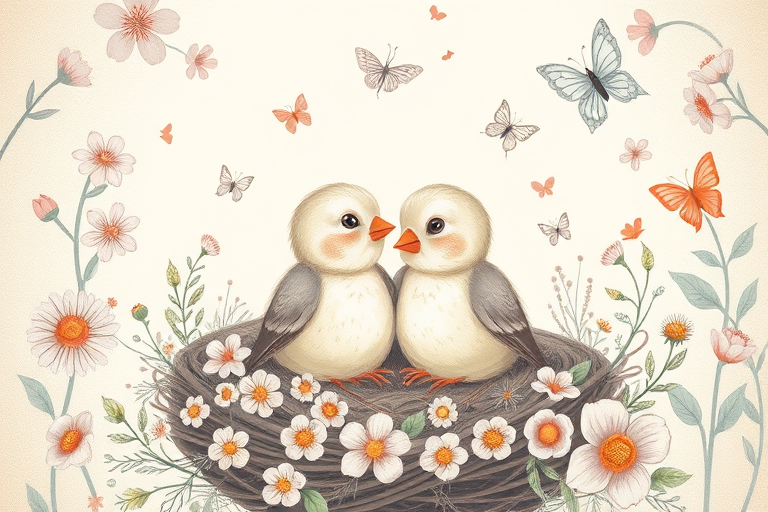 Create an illustration of two baby birds in a nest surrounded by flowers and butterflies, focusing on a soft, pastel color palette, with intricate line work and a textured background, using a Canon EOS R5 camera, f/2.8 aperture, 50mm lens, and natural lighting for enhanced depth and softness.