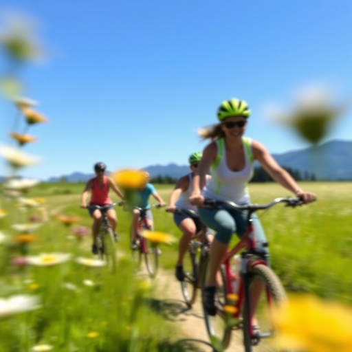 Blurry action shot of a group of friends riding bicycles through a sun-drenched meadow, soft focus on the flowers swaying in the breeze, with distant mountains silhouetted against the clear blue sky.