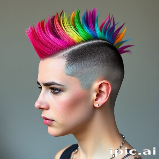 Punk-inspired hair style exhibiting a mohawk with shaved sides and a vibrant rainbow spectrum of colors through the longer center section