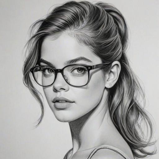 Comely Barbara Palvin, pencil sketch, portrait of Elegant woman 1967s in glasses, hair style beatnik, outline, clear lines, fine lines, 8k