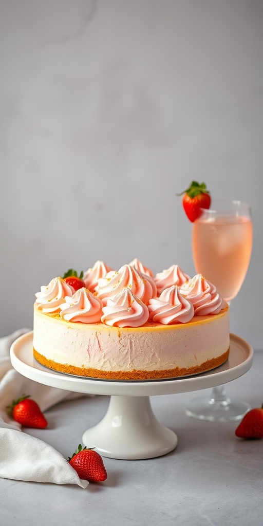 A beautiful cheesecake topped with fluffy pink whipped cream peaks sprinkled with gold flakes served on a white cake stand alongside two elegant champagne glasses filled with a light pink drink garnished with strawberries against a soft gray background.
