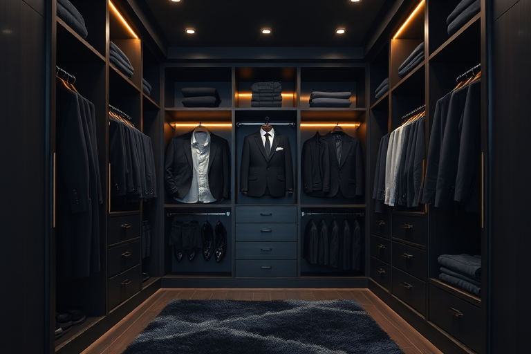 Create a high-quality image of a luxury walk-in closet with black and wooden design, featuring neatly arranged formal wear, warm ambient lighting, and a plush rug, shot with a Canon EOS R5 camera, 24mm lens, aperture f/2.8, ISO 100, and a low-angle perspective for depth.