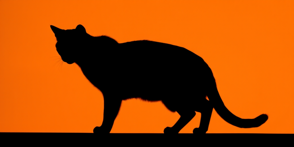 Generate a high-resolution image of a simplified, abstract silhouette of a cat against a solid background using a DSLR camera with a 50mm lens, aperture f/1.8, shutter speed 1/250s, ISO 100, shot from an eye-level angle to enhance depth and clarity.