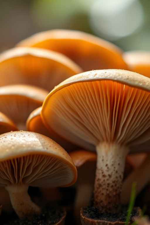 Capture a close-up of mushrooms with soft, natural lighting, fstop 2.8, shutter speed 1/125s, ISO 100, macro lens, shallow depth of field, focus on intricate gills and textures, DSLR camera.