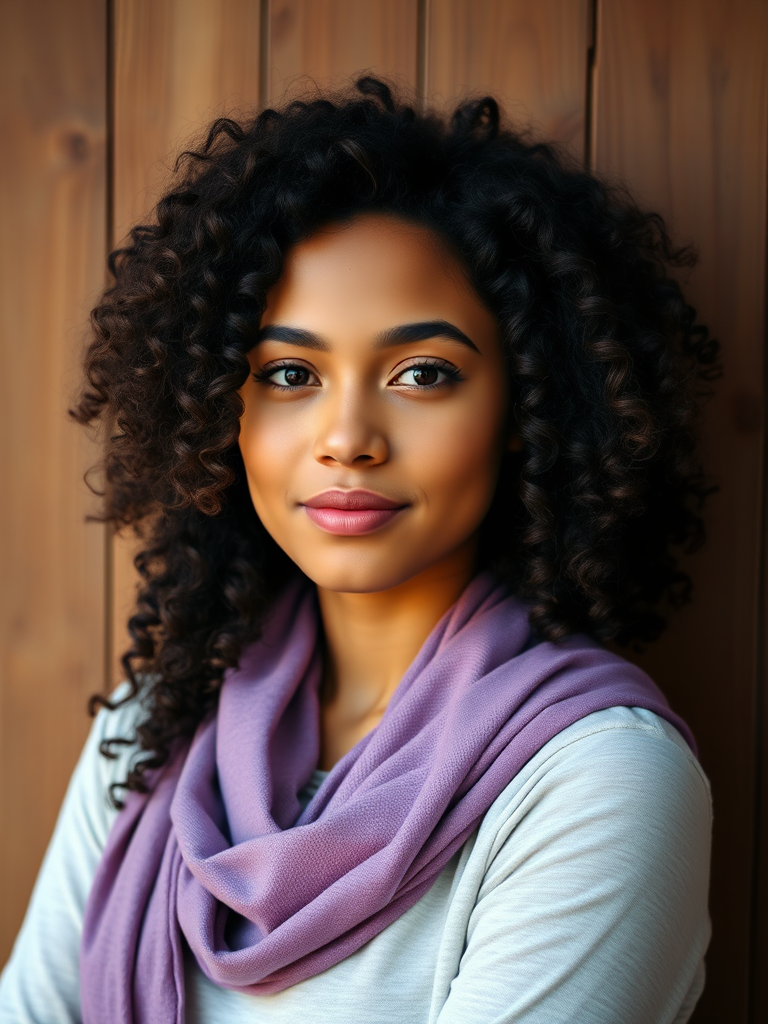 A portrait of a young woman with curly hair wearing a purple scarf, standing against a wooden background, soft natural lighting, 50mm lens, f/1.8 aperture, ISO 100, shallow depth of field, DSLR camera, warm color tones.