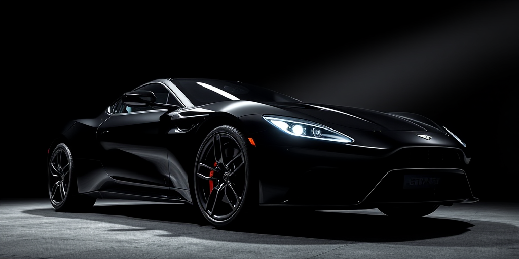 Regenerate a high-quality image of a luxury sports car under dramatic lighting, using a DSLR camera with a 50mm lens, f/1.8 aperture, ISO 100, and a low angle view to emphasize the sleek curves and design against a black background.