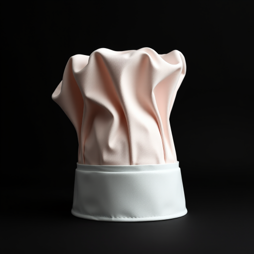 Create a high-resolution image of a chef's hat with a glossy finish and vibrant color on a black background, using a DSLR camera with a 50mm lens, aperture set to f/2.8, ISO 100, and a softbox lighting setup.