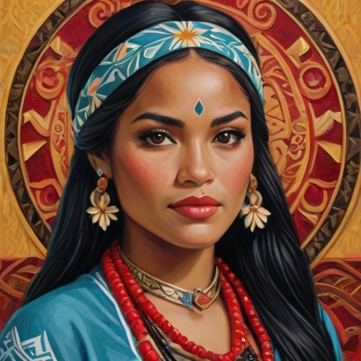 Create a portrait of a beautiful Polynesian woman with striking red eyes and a gentle expression. She is adorned in traditional attire with intricate patterns, including a richly embroidered headscarf and matching garments. Her jewelry includes a delicate headpiece, dangling earrings, and ornate bracelets, all featuring vibrant gemstones and detailed metalwork. The background is soft and warm, enhancing the rich colors of her outfit and jewelry.