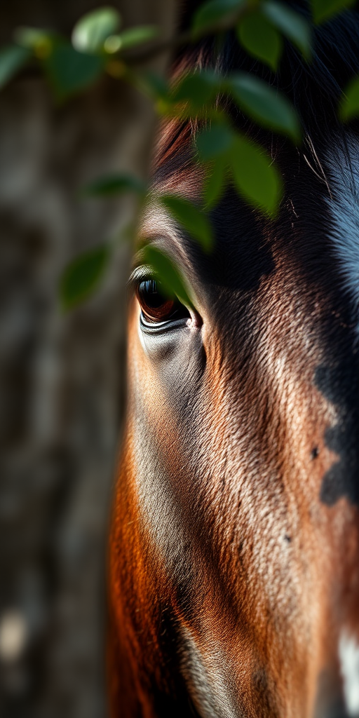 close-up of a horse's eye partially obscured by a tree, shallow depth of field, aperture f/2.8, 50mm lens, natural lighting, DSLR camera, soft bokeh background