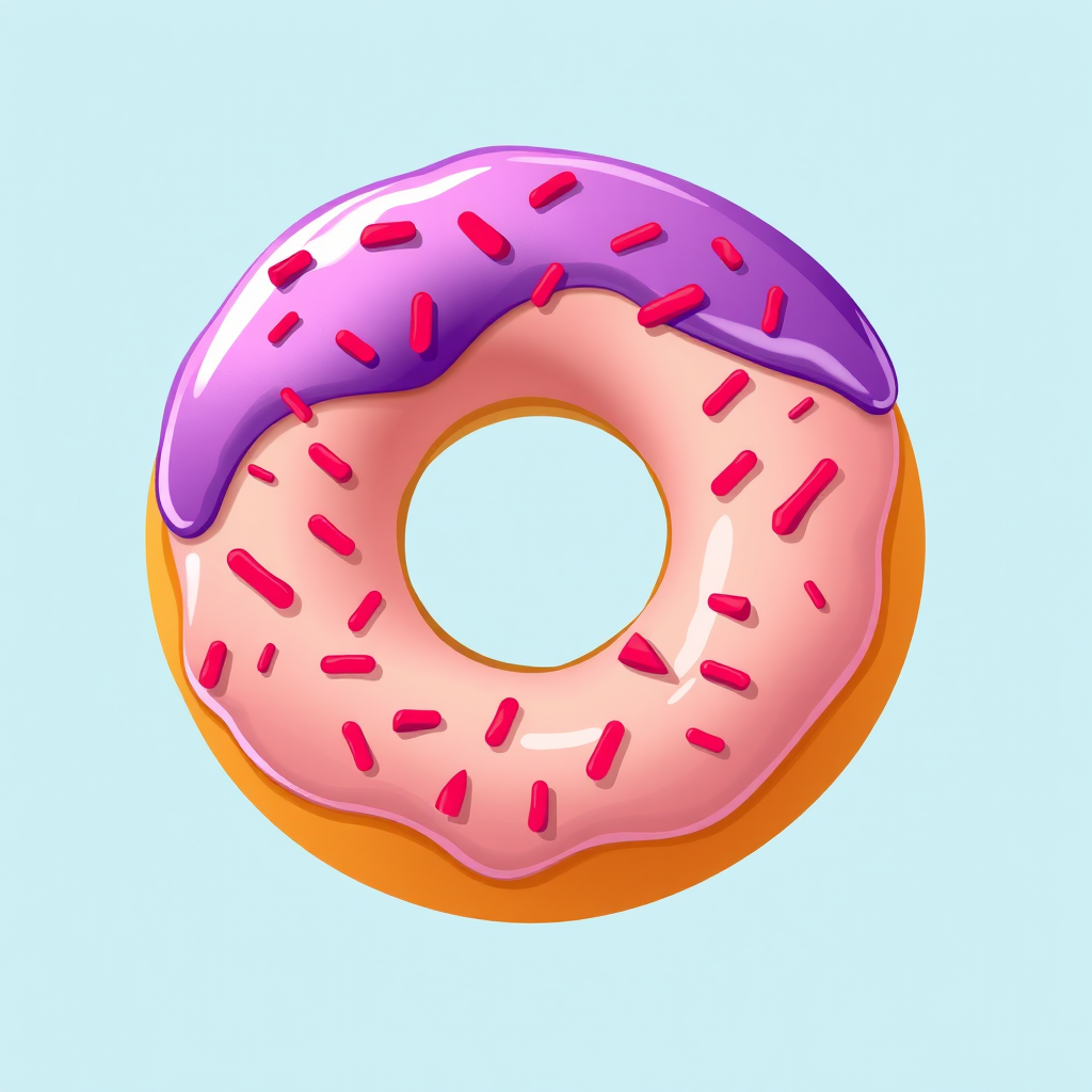 Create a colorful illustration of a donut with a purple icing and red sprinkles, using a DSLR camera with a 50mm lens, aperture set to f/2.8, ISO 200, and a soft focus background for enhanced image quality.