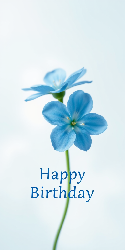 create a birthday card design featuring two blue flowers with a light background, include the text "Happy Birthday" in a modern font, shot with a DSLR camera at f/2.8 aperture, 50mm lens, and a soft focus effect for a vibrant and artistic quality