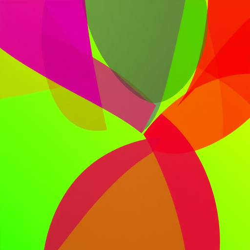 Create a vibrant abstract image featuring overlapping geometric shapes in bright green, purple, and red tones, shot with a DSLR camera using a 50mm lens, aperture set to f/8 for depth of field, ISO 200 for clarity, and a high dynamic range to enhance color saturation and detail.