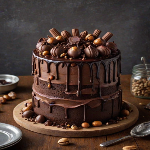 Create an image of a decadent chocolate cake with a textured, layered appearance. The cake should be adorned with an assortment of chocolate bars, hazelnuts, and a rich chocolate ganache dripping down the sides. Include decorative elements like a jar of chocolate spread and various chocolate treats on top, creating a visually indulgent dessert. The setting should be a simple plate on a wooden table, highlighting the cake's details.