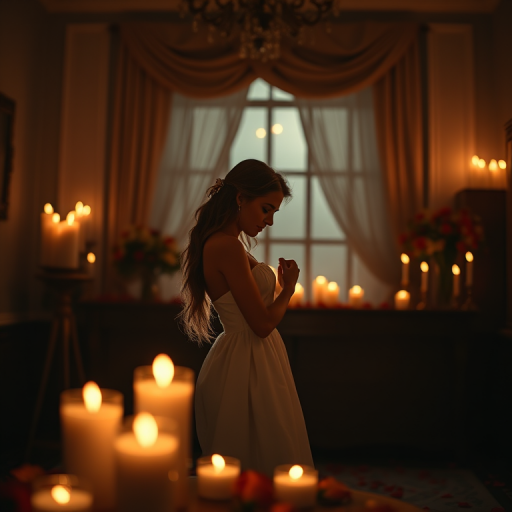 romantic scene with a couple embracing softly in a dimly lit room surrounded by candles and rose petals, shallow depth of field, lens f/1.8, ISO 400, 50mm prime lens, soft warm lighting, captured with a DSLR camera