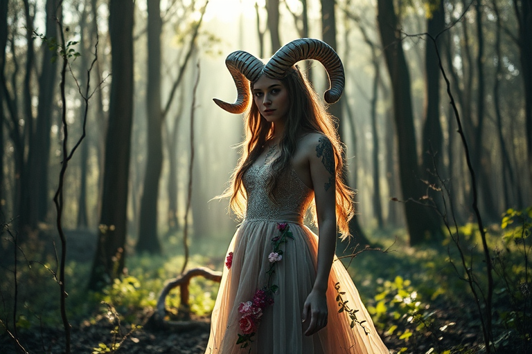 A mystical forest scene featuring a woman with ram-like horns dressed in an ethereal, flowing gown adorned with flowers and vines, surrounded by soft, diffused sunlight, using a Canon EOS R5 with a 50mm f/1.2 lens, aperture set to f/2.8, ISO 100, and a shallow depth of field for a dreamy effect.