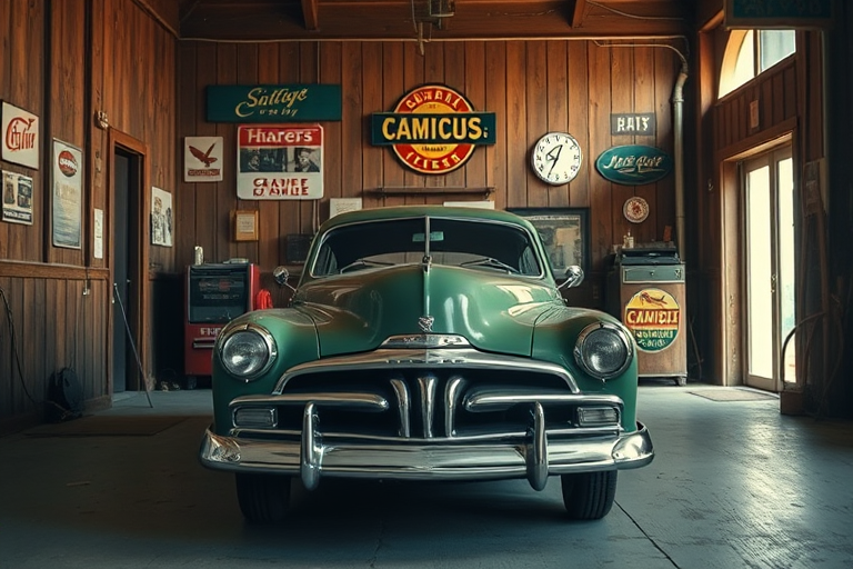 regenerate an image of a vintage car in an old garage with wooden walls and vintage signage, use a DSLR camera with a 50mm lens, aperture f/1.8, ISO 200, shoot in natural light with a wide angle view for enhanced depth and detail