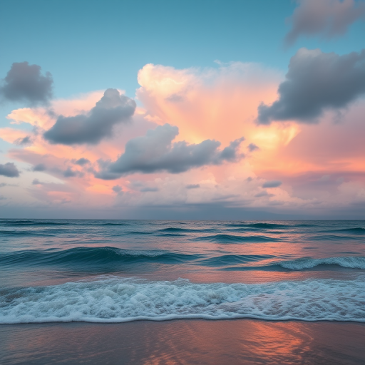 capture a serene seascape at dawn with dramatic clouds reflecting soft pastel colors, use a Canon EOS 5D Mark IV with a 24mm f/1.4 lens, aperture f/8, ISO 100, shutter speed 1/125s, photograph from a low angle near the water's edge to emphasize the vastness of the ocean and sky, ensure high dynamic range for enhanced color and detail