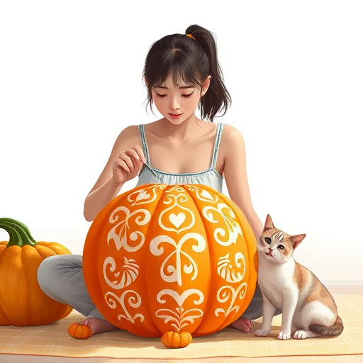 Create a high-resolution digital illustration of a young woman sitting on the floor, painting a large orange pumpkin with intricate white designs, a playful cat beside her, with soft lighting and a white background, use a Canon EOS R5, 50mm lens, f/2.8 aperture, ISO 100, and natural light for a warm and inviting atmosphere.