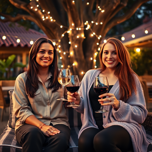 A medium shot photo of two women sitting outdoors at a cozy, warmly lit patio in the evening, with soft, glowing lights wrapped around a tree behind them creating a charming atmosphere. The image is rich in detail, with warm tones and clear textures throughout. The woman on the left has a medium build with tan skin, long dark brown hair falling loosely over her shoulders, and is smiling slightly while holding a glass of white wine near her lips. She is wearing a light, silky button-up shirt paired with dark pants. The woman on the right has fair skin, a slim build, and long reddish-blonde hair, also worn loose. She is smiling warmly at the camera, holding a glass of red wine in her right hand, and wears a soft-textured lavender cardigan over a black top. Both women are seated closely on a striped cushioned bench, with their posture relaxed and comfortable. The background features a large tree with sparkling string lights wrapped around its trunk and branches, adding a magical touch to the scene. The setting suggests a private outdoor seating area, with elements like terracotta-tiled roofing, greenery, and rattan chairs contributing to a serene, inviting vibe. The overall composition is balanced, with the women framed against the softly glowing tree, and the lighting enhances the warm, intimate feel of a quiet evening shared among friends. The details are vivid, with textures of clothing, skin, and background elements clearly visible, while the warm lighting creates a relaxed and joyful mood