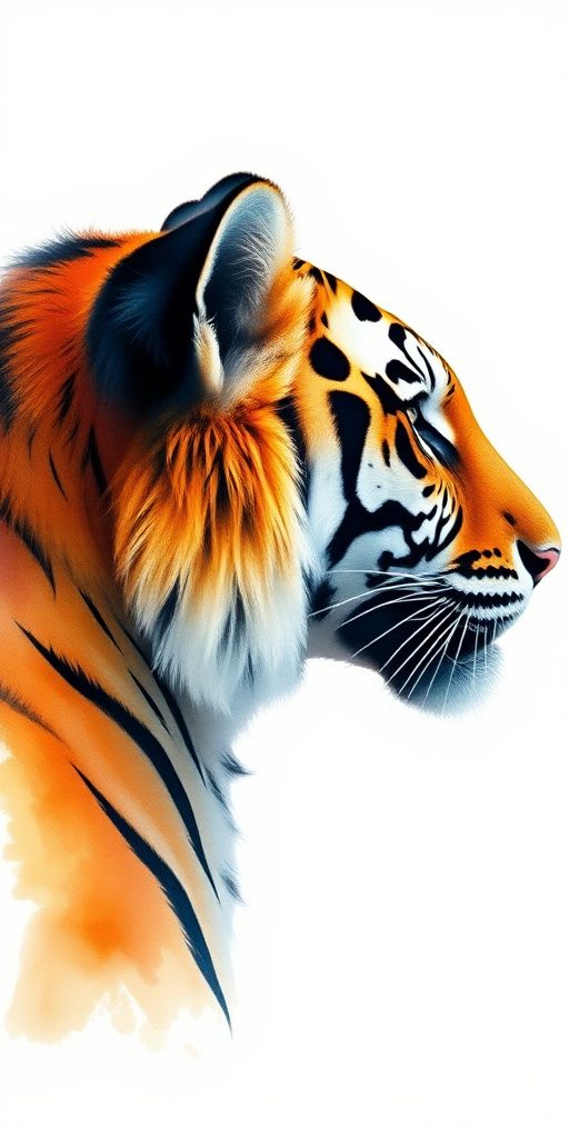 Create a high-resolution watercolor painting of a tiger's head in profile, with a soft white background, using a Canon EOS 5D Mark IV, 50mm lens, f/2.8, ISO 100, with high dynamic range and vibrant color settings.