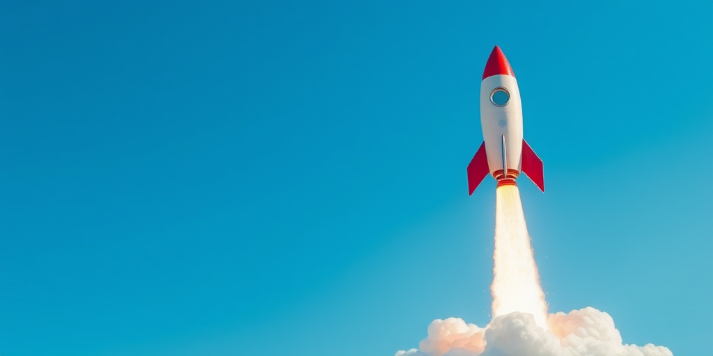 Create a digital illustration of a colorful rocket launching into a clear blue sky with stylized clouds at the base, using a high-resolution setting, 35mm lens with a shallow depth of field, shot from a low angle to emphasize the rocket's ascent and vibrant colors.
