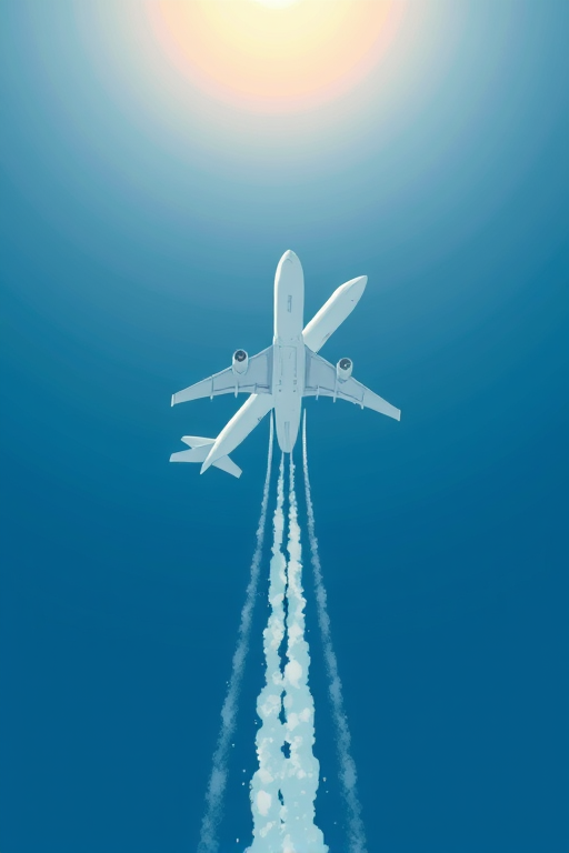 Create a high-resolution vector graphic of an airplane flying upwards, emitting stylized vapor trails, shot from a slightly elevated angle with a focus on clarity, using a digital illustration style, and ensure bright colors and clean lines for enhanced visual appeal.