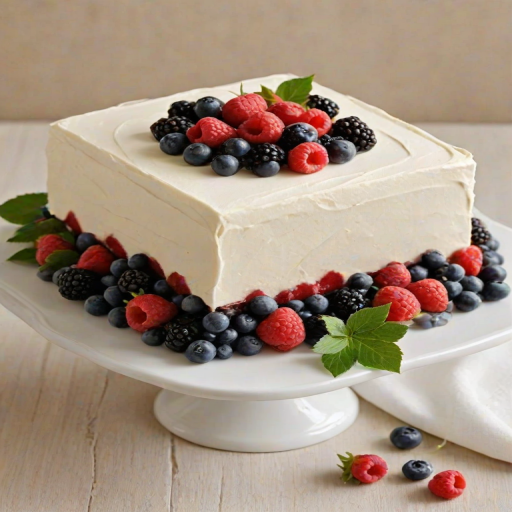 Create an image of a square cake with a smooth white frosting. The cake should have a minimalist design, featuring fresh berries like blueberries, raspberries, and blackberries, along with white roses and green leaves placed around the sides. The background should be simple and light to emphasize the cake's elegance.