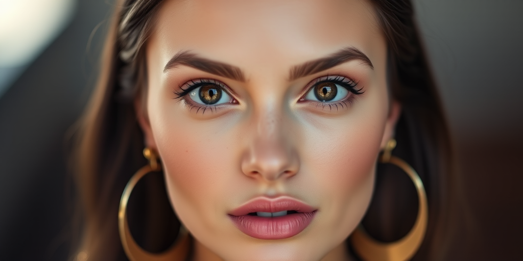 Create a high-resolution portrait of a woman with brown eyes and full lips, adorned with large gold earrings, using a shallow depth of field, natural lighting, portrait mode, DSLR camera with a 50mm lens at f/1.8.