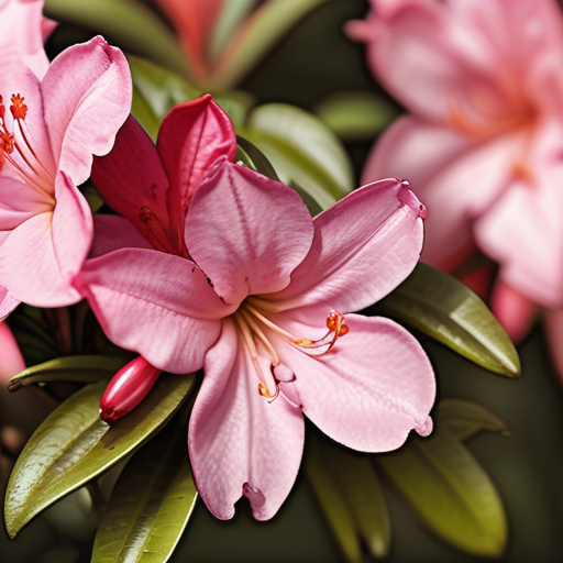 Delicate Pink Blossoms of Azaleas Surrounded by Lush Green Leaves